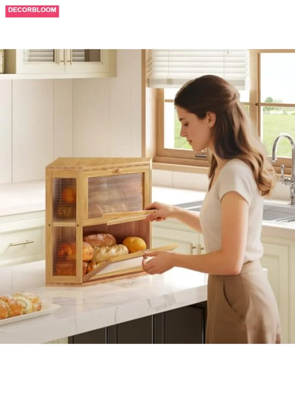Double Layer Corner Bread Box with 2 Doors, Bamboo Kitchen Storage
